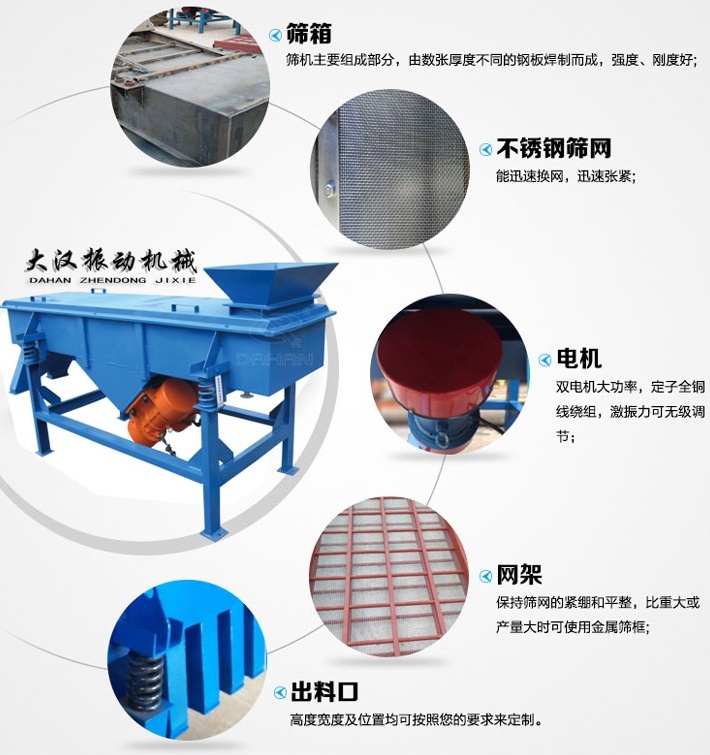 525型直線振動篩結構細節(jié)：篩箱：篩機主要組成部分，由數張厚度不同的鋼板焊制而成，強度，剛度好。不銹鋼篩網：能速換網，迅速張緊。電機：雙電機大功率，定子全銅線繞組，激振力可無級調節(jié)。網架：保持篩網的緊繃和平整，比重大或產量大時可使用金屬篩框。出料口：高度寬度及位置均可按照您的要求定制。