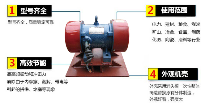 lzf倉壁振動器：1，型號齊全：型號齊全，質(zhì)量穩(wěn)定可靠。2，適用范圍：電力，建材，糧食，煤炭，礦山，冶金，食品，制藥，化肥，陶瓷，磨料等行業(yè)。3，高效：靠高頻振動和沖擊力消除由于內(nèi)摩擦，潮解，帶電等引起的塔供，堵塞等現(xiàn)象。4，外觀機殼：外殼采用消失模一次性整體鑄造替換原有分體制造，外觀好看，強度大。