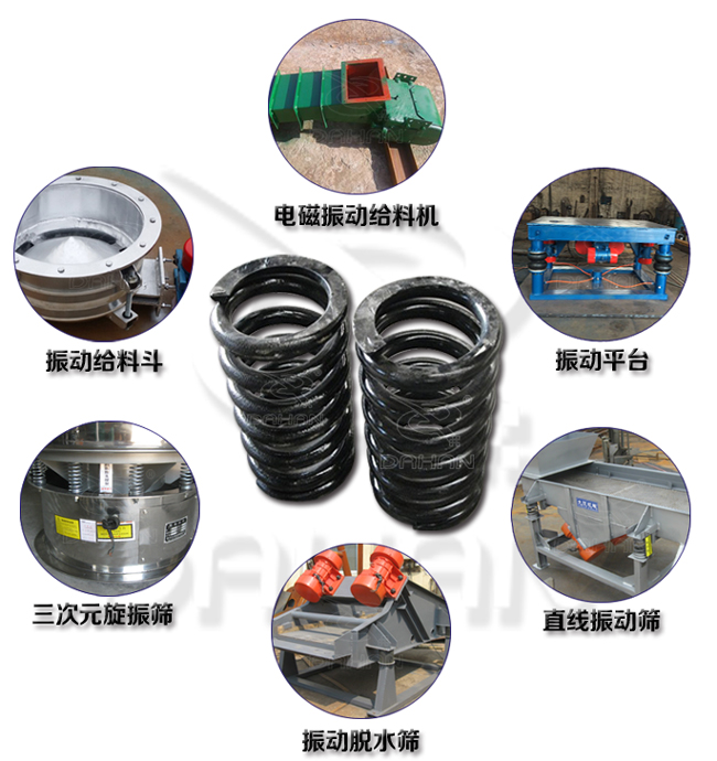 旋振篩減震彈簧適用產(chǎn)品：振動給料機，電磁振動給料機，振動平臺，直線振動篩，振動脫水篩，三次元旋振篩。