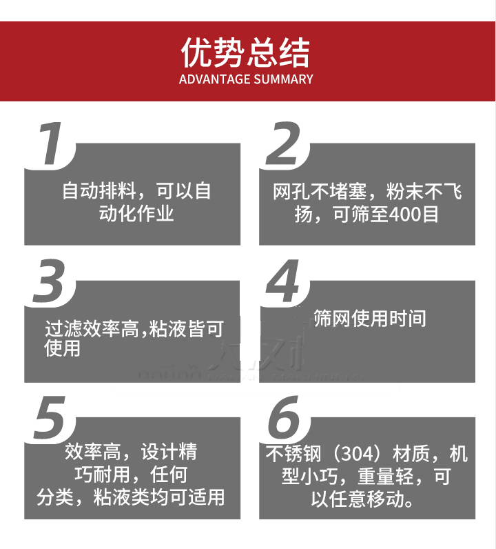 過濾篩優(yōu)勢總結(jié)：1，自動排料，可以自動化作用。2，網(wǎng)孔不堵塞，粉塵不飛揚，可篩至400目。3，過濾效率高，任何粒，粉，粘液也可使用。4，篩網(wǎng)設計大大提高了篩網(wǎng)使用時間，也魏換網(wǎng)提高了方便。5，效率高，設計精巧耐用，任何分類設計精巧耐用，任何分類，粘液類均可適用。6，不銹鋼材質(zhì)機型小巧，重量輕，可以任意移動。