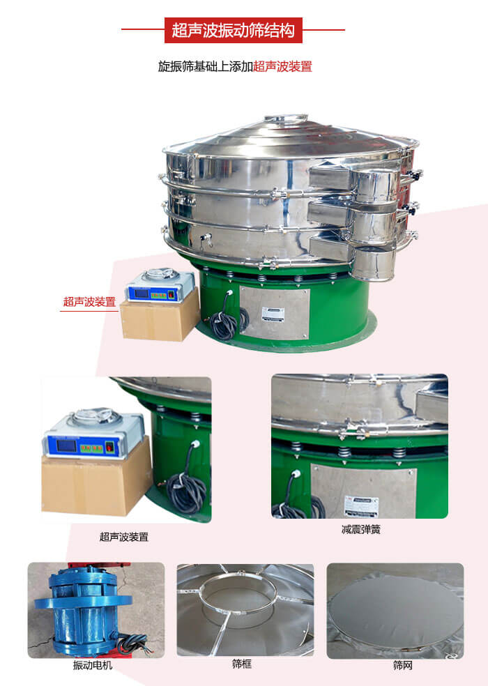 圓篩機內(nèi)部結(jié)構(gòu)：主要由振動電機、篩框、篩網(wǎng)、超聲波系統(tǒng)、減震彈簧等展示圖