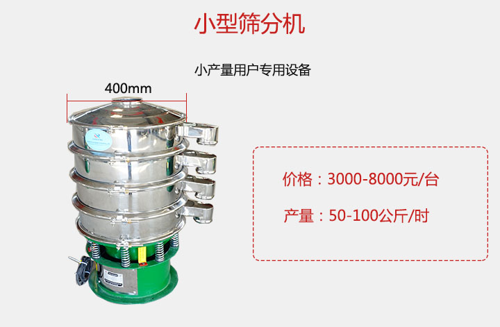 小型篩分機產(chǎn)量可達100公斤/時，價格3000元起。