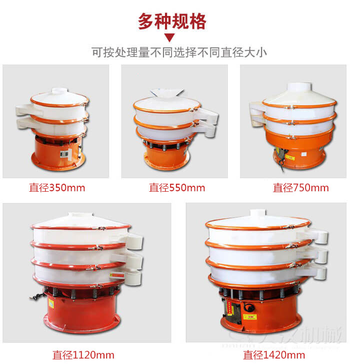 塑料振動篩不同篩分直徑進行展示：350，550，750，1120，1420等。