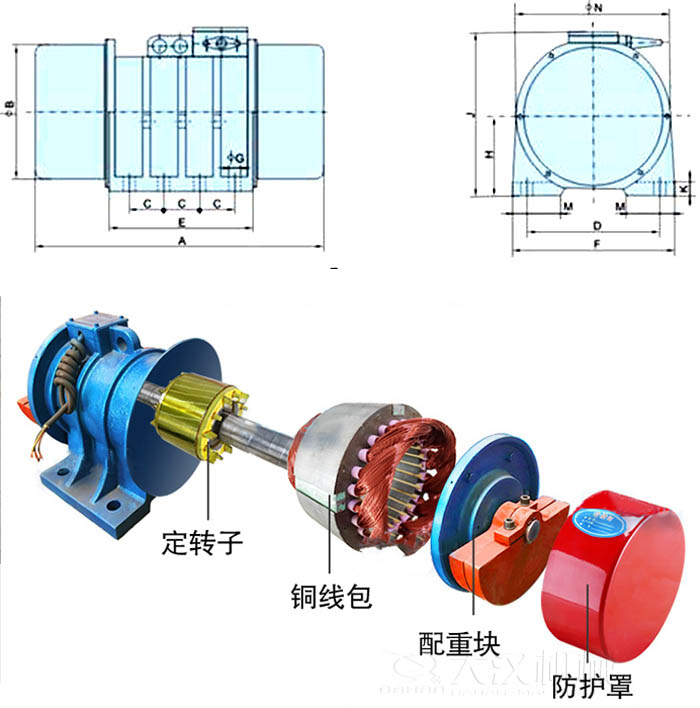 ZFB倉壁振動(dòng)器外形尺寸字母代表：A為整機(jī)長度F為整機(jī)寬度B為主機(jī)寬度等。結(jié)構(gòu)：定轉(zhuǎn)子，銅線包，配重塊，防護(hù)罩等。