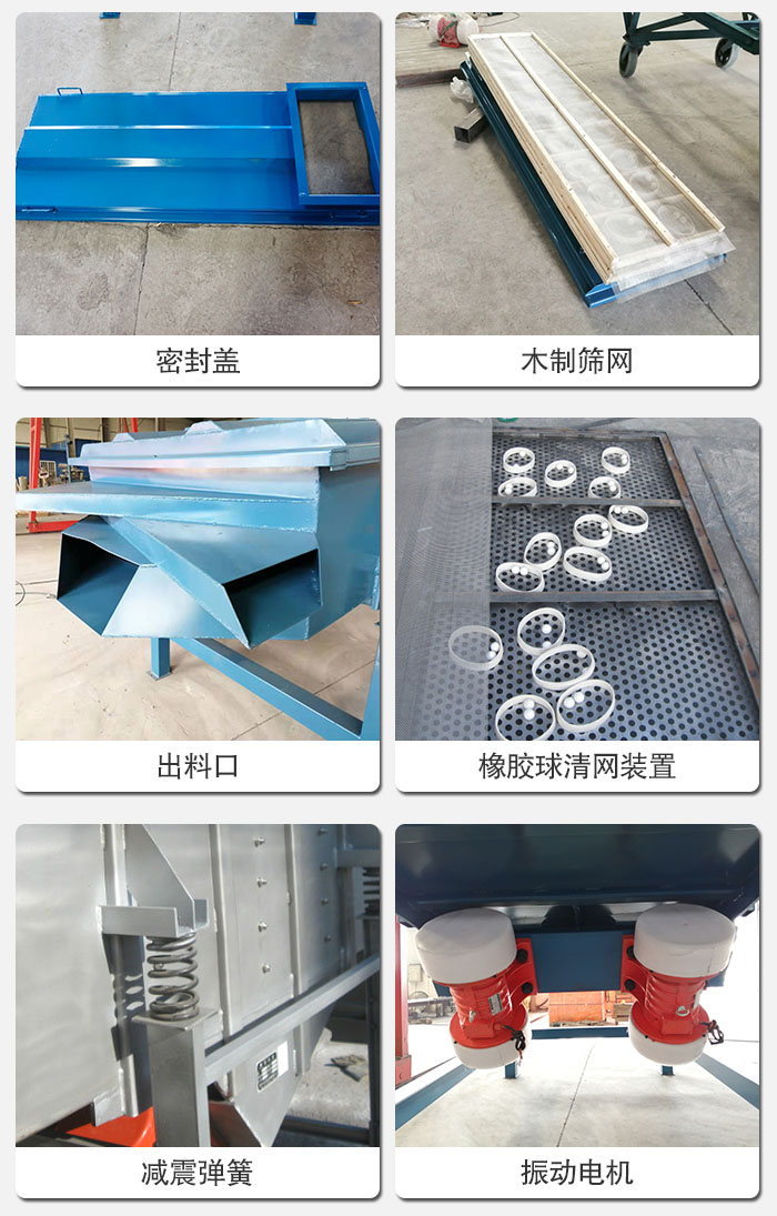 直線篩結(jié)構(gòu)展示：篩網(wǎng)，篩箱，振動(dòng)電機(jī)，振動(dòng)電機(jī)座，減震彈簧，支架等部件展示圖