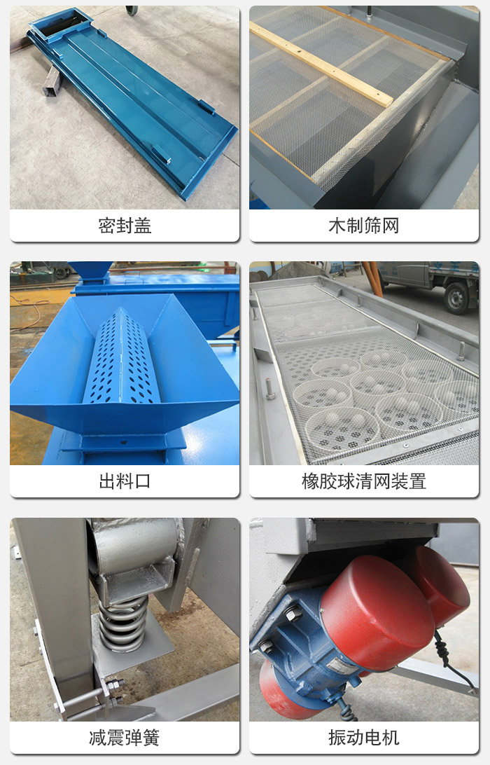 直線篩分機(jī)的結(jié)構(gòu)展示圖：篩箱是物料主要篩分設(shè)備之一，篩網(wǎng)用于篩分物料，振動(dòng)電機(jī)幫助篩網(wǎng)篩分。