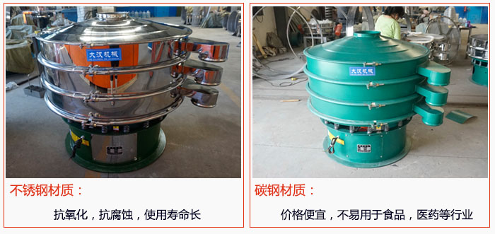 800型振動(dòng)篩有不銹鋼和碳鋼兩種材質(zhì)，不銹鋼材質(zhì)：抗氧化，抗腐蝕，使用壽命長(zhǎng) 碳鋼材質(zhì)：價(jià)格便宜，不易篩分食品，化工，醫(yī)藥等行業(yè)的物料。