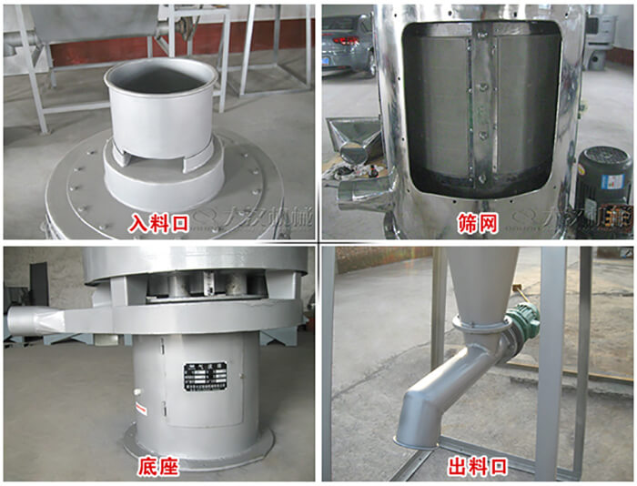 氣流篩部件展示：入料口，篩網(wǎng)，底座，出料口等。