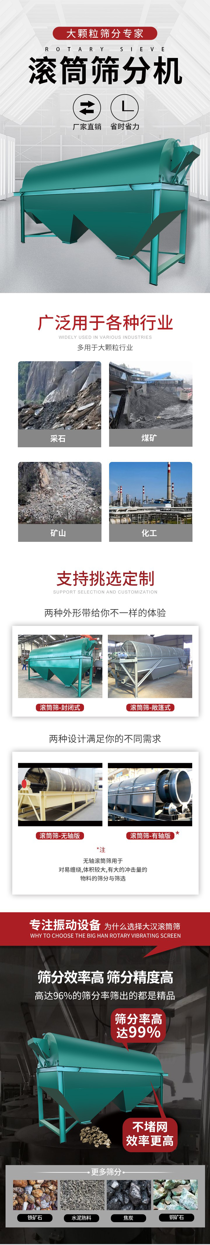 滾筒篩分機(jī)大顆粒篩分專家：廠家直銷，省時省力。滾筒篩被廣泛應(yīng)用各種行業(yè)：多用于大顆粒行業(yè)例如：采石，煤礦，礦山，化工等。滾筒篩定制類型有哪些：封閉式與敞篷式產(chǎn)品結(jié)構(gòu)分為：無軸式，有軸式兩種，無軸滾筒篩用于對纏繞，體積較大，有大的沖擊量的物料的篩分與篩選。滾筒篩篩分效率高篩分精度能夠達(dá)到：96%也比較適用于鐵礦石，水泥熟料，焦炭，銅礦石。滾筒篩特點：不飛粉末：密封隔離罩，密封性好，工作過程不會出現(xiàn)飛粉現(xiàn)象。外型尺寸是按筒體長計