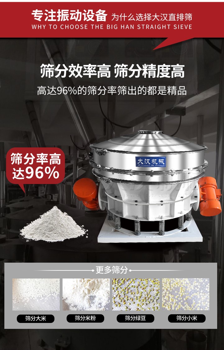 直排篩適用物料有面粉，淀粉，洗衣粉，金屬粉，添加劑，化工，非礦等行業(yè)。