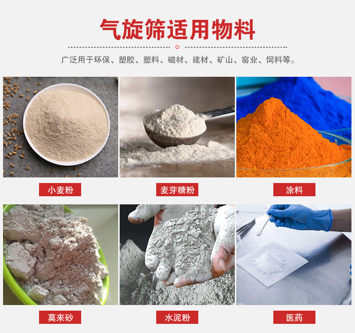 氣旋篩適用物料：小麥粉，麥芽糖粉，涂料，等粉狀物料。