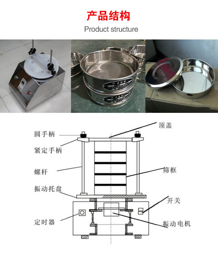 實(shí)驗(yàn)室振動(dòng)篩-試驗(yàn)篩結(jié)構(gòu)主要由：圓手柄，緊定手柄，螺桿，振動(dòng)托盤，篩框，頂蓋等。