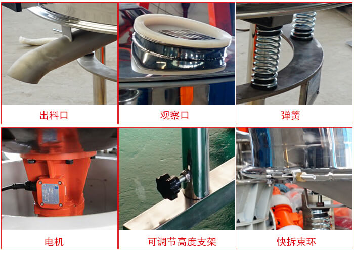 高頻篩細節(jié)展示：出料口，觀察口，彈簧，電機，可調節(jié)高度支架，快拆束環(huán)。